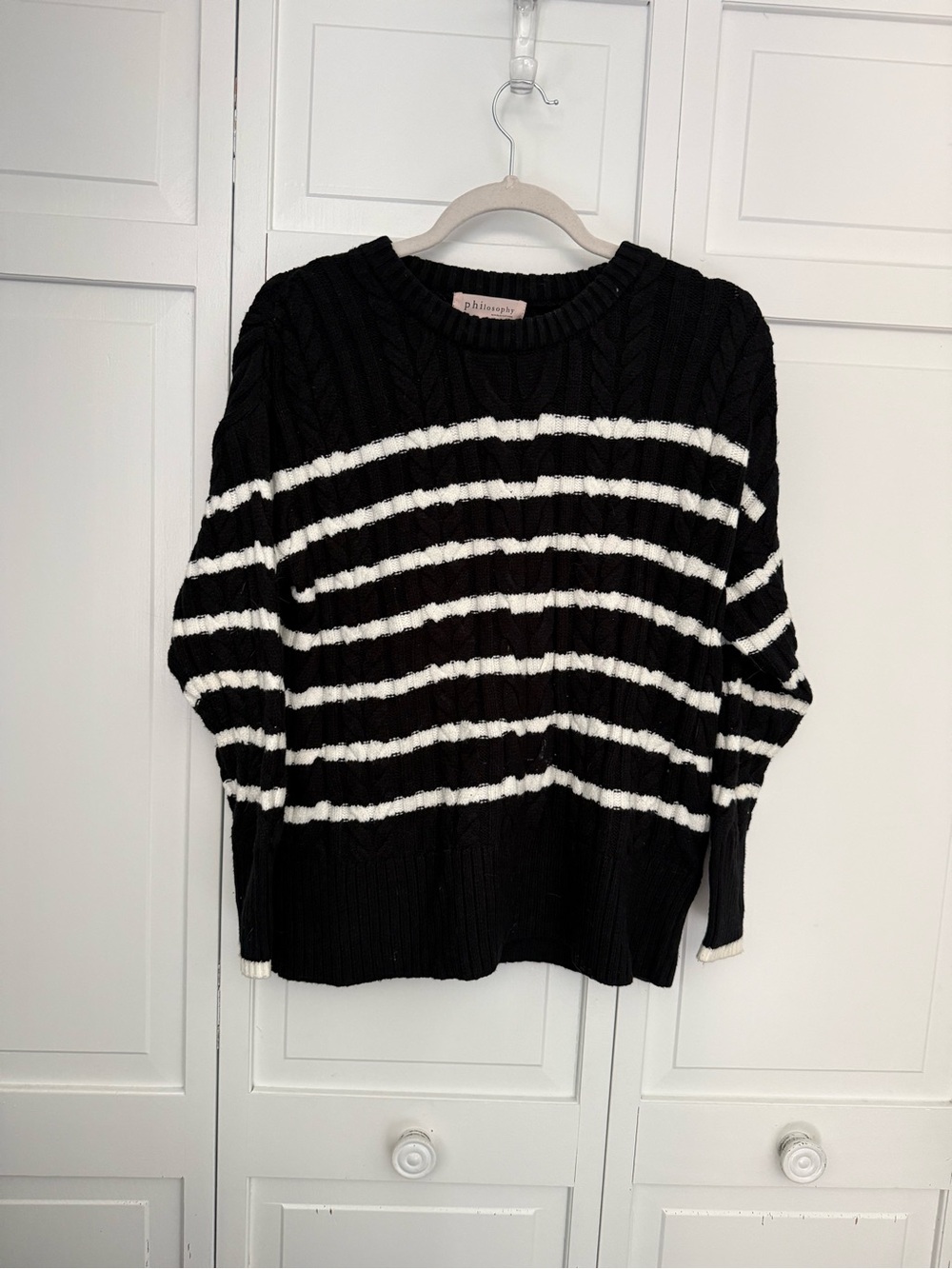 Philosophy Black & White Striped Cable Crew Sweater